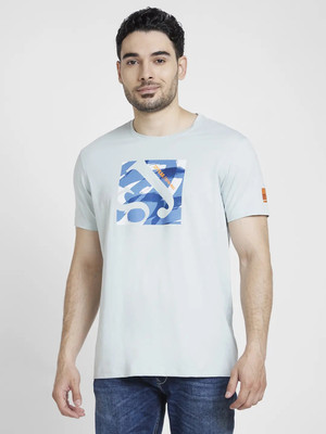 Spykar Printed Men Round Neck Blue, White T-Shirt