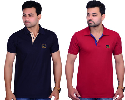 La Milano Solid Men Polo Neck Navy Blue, Red T-Shirt
