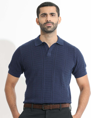 RARE RABBIT Solid Men Polo Neck Blue T-Shirt