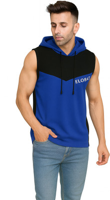 ELABOT Solid Men Hooded Neck Blue, Black T-Shirt