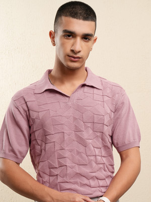 HIGHLANDER Geometric Print Men Polo Neck Pink T-Shirt