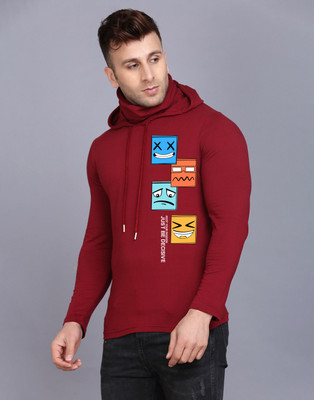 SLOWLORIS Printed Men Hooded Neck Maroon T-Shirt