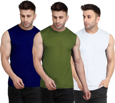 UDI n ADI Solid Men Round Neck Dark Green, Navy Blue, White T-Shirt