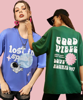 MOD YOUNG Printed, Solid Women Round Neck Multicolor T-Shirt