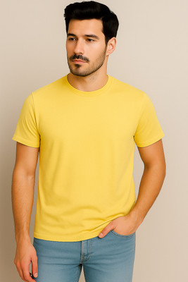NOW OR NEVER Solid Men Round Neck Yellow T-Shirt