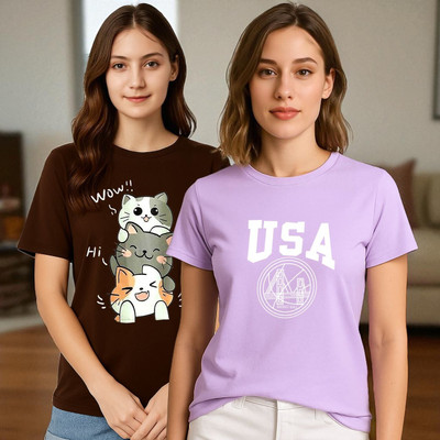 Elvia Graphic Print Women Round Neck Brown, Purple T-Shirt