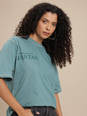 Roadster Printed Women Round Neck Blue T-Shirt