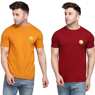 Money Leaf Solid Men Round Neck Gold, Maroon T-Shirt