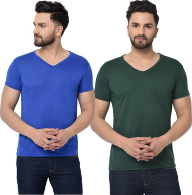 Adorbs Trend Solid Men V Neck Dark Green, Blue T-Shirt