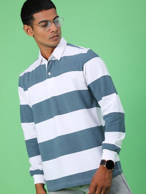 V-MART Striped Men Polo Neck Blue, White T-Shirt