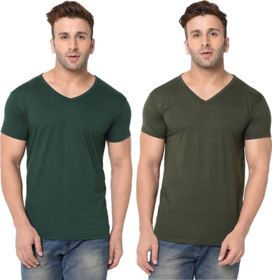 Tresna Fab Solid Men V Neck Dark Green T-Shirt