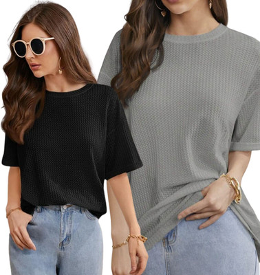 WAY TO TRENDY Solid Women Round Neck Grey T-Shirt