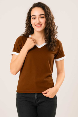 TQH Solid Women V Neck Brown T-Shirt