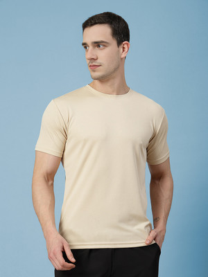 CHKOKKO Solid Men Round Neck Beige T-Shirt