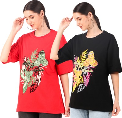 AEMA Printed Women Round Neck Black, Red T-Shirt