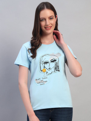 CANTABIL Printed Women Round Neck Light Blue T-Shirt