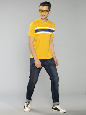 Hollander Striped Men Round Neck Dark Blue, White, Yellow T-Shirt