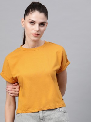 Roadster Solid Women Round Neck Yellow T-Shirt