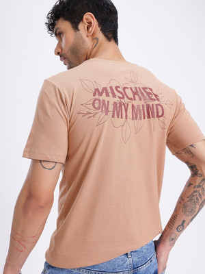 Glitchez Printed Men Round Neck Brown T-Shirt