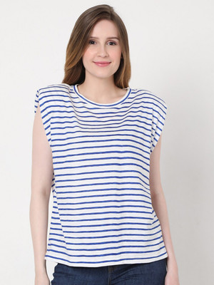 VERO MODA Striped Women Round Neck Blue T-Shirt