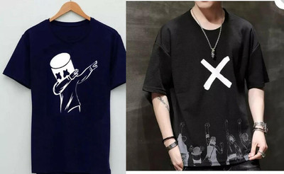 ATTITUDE START OF FASHION Printed Men Round Neck Blue, Black T-Shirt
