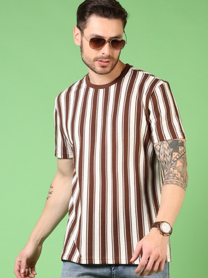 V-MART Striped Men Round Neck Brown, White T-Shirt