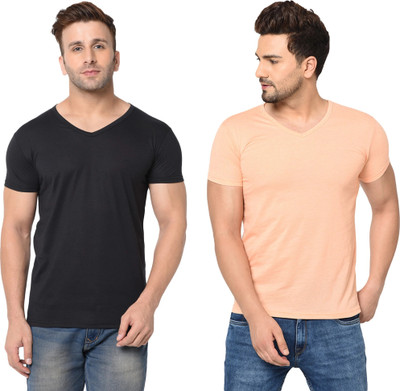 Moordale Fab Solid Men V Neck Black, Orange T-Shirt