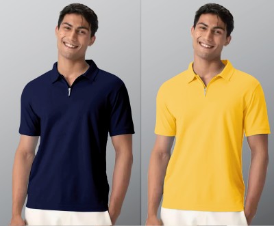 INDICLUB Solid Men Polo Neck Blue, Yellow T-Shirt