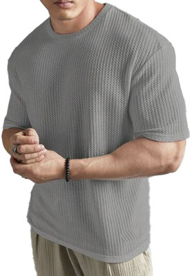 NOOK Self Design Men Round Neck Grey T-Shirt