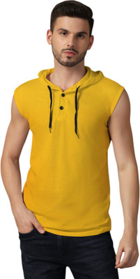 GEUM Solid Men Hooded Neck Yellow T-Shirt