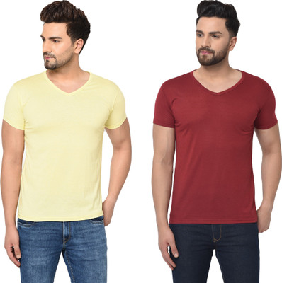 Adorbs Trend Solid Men V Neck Yellow, Red T-Shirt