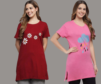 issavi Printed Women Round Neck Maroon, Multicolor T-Shirt