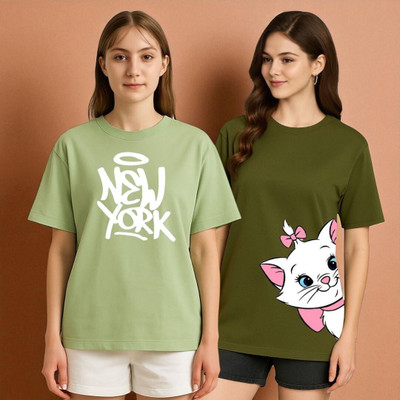 Elvia Graphic Print Women Round Neck Green, Light Green T-Shirt