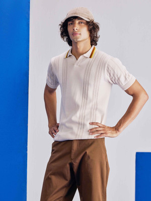 UNSTD Self Design Men Polo Neck White T-Shirt