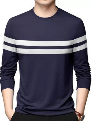 clickwell Striped Men Round Neck Navy Blue T-Shirt