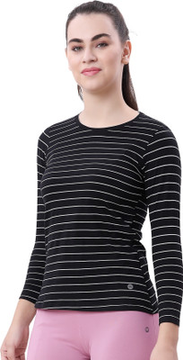 Lactra Striped Women Round Neck Black T-Shirt