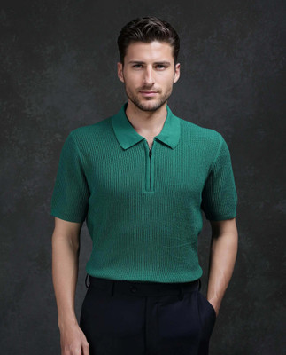 RARE RABBIT Solid Men Polo Neck Green T-Shirt