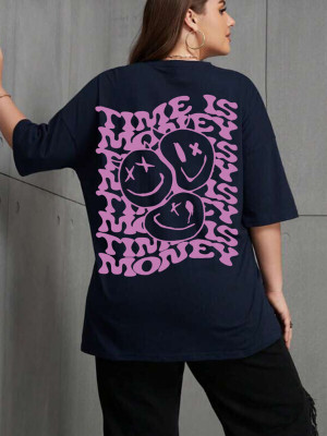 METRONAUT Printed, Typography Women Round Neck Navy Blue T-Shirt