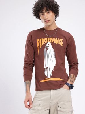 Glitchez Printed Men Round Neck Brown T-Shirt