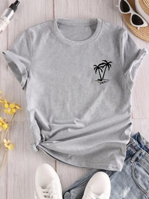 Calm Down Solid Women Round Neck Grey T-Shirt