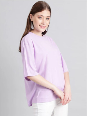 Pwexz Solid Women Round Neck Purple T-Shirt