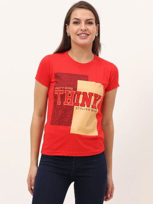 FEDAMSEL Printed, Typography Women Round Neck Red T-Shirt