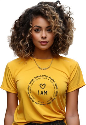 Witty Curlss Printed Women Round Neck Yellow T-Shirt