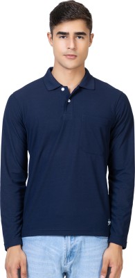 YHA Solid Men Polo Neck Dark Blue T-Shirt