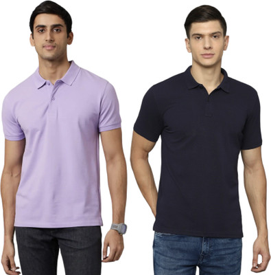 Earthstick Solid Men Polo Neck Purple, Navy Blue T-Shirt