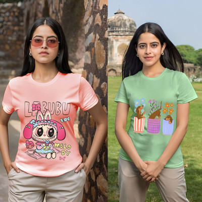 Kasendra Printed Women Round Neck Pink, Green T-Shirt