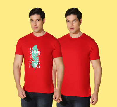 WOOSTRO Printed Men Round Neck Red T-Shirt