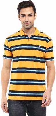 V-MART Striped Men Polo Neck Yellow T-Shirt