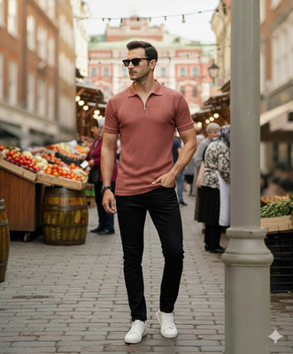 The Stanch Self Design Men Polo Neck Pink T-Shirt