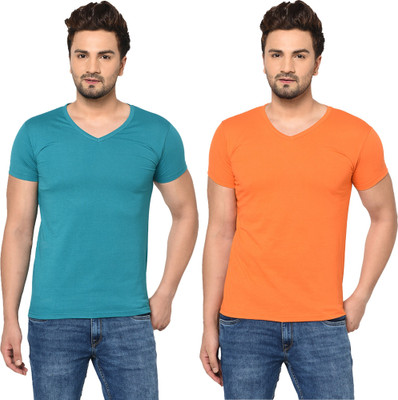 Tresna Trendy Solid Men V Neck Blue, Orange T-Shirt